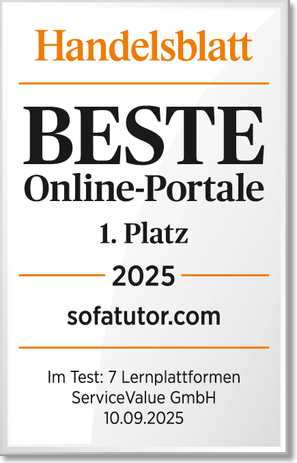 Auszeichnung, Handelsblatt, Beste Online-Portale, 1. Platz, 2025, sofatutor.com, Im Test: 13 Lernplattformen, Partner: ServiceValue GmbH, Handelsblatt 10.09.2025